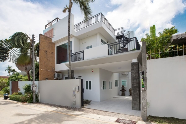 3 bedroom pool villa views of the sea from roof terrace for sale rwai phuket thai residential street view parking